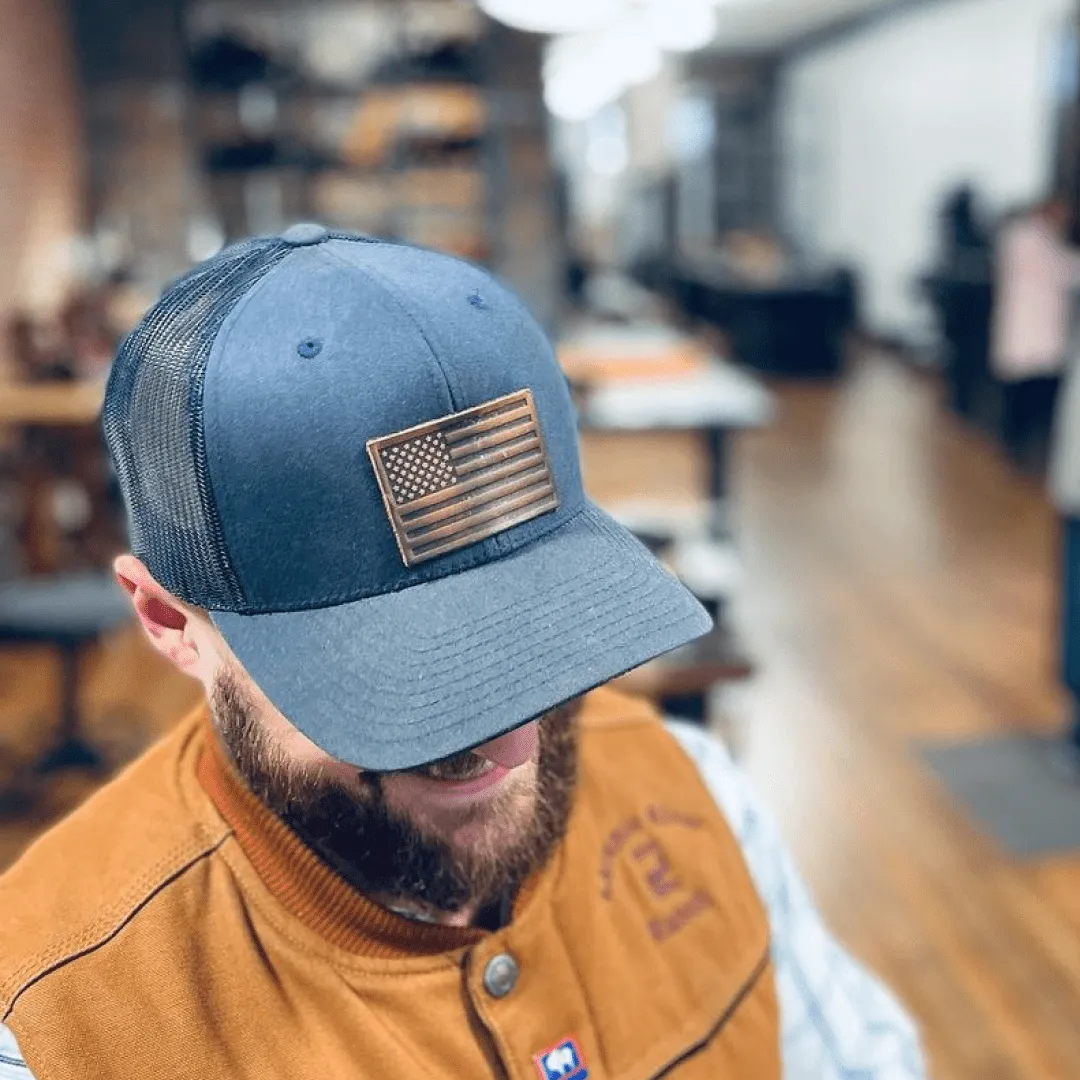 American Flag Hat | Leather Patch Trucker Hat
