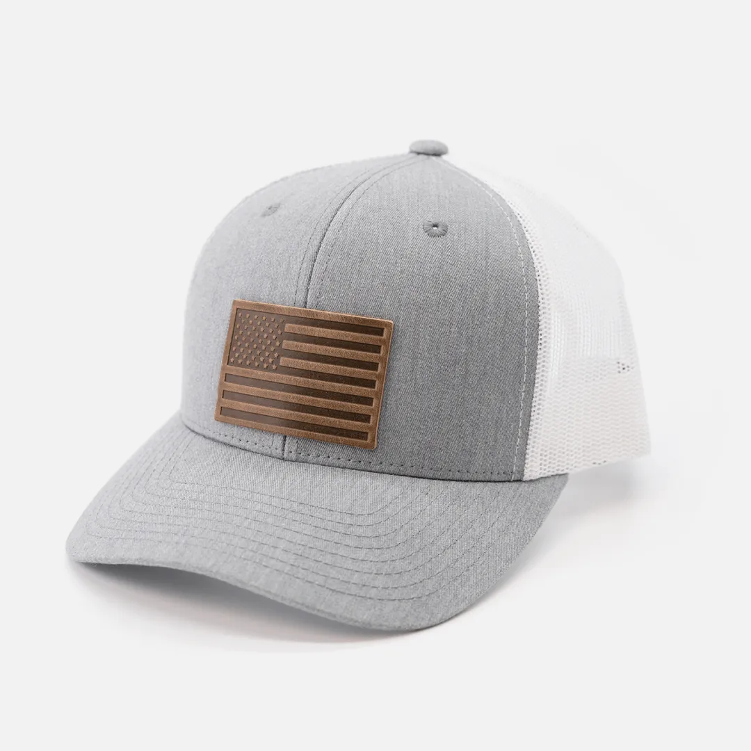 American Flag Hat | Leather Patch Trucker Hat