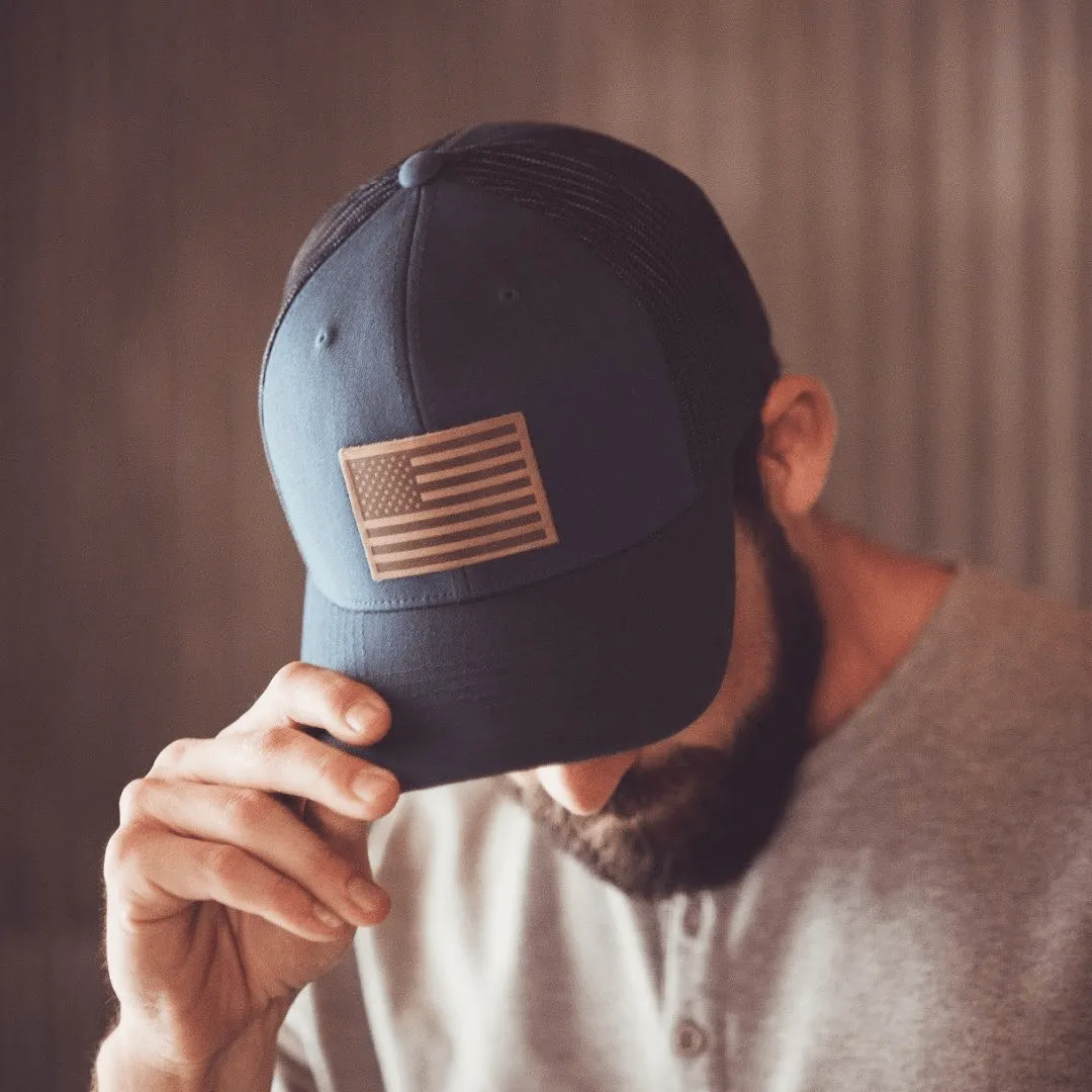 American Flag Hat | Leather Patch Trucker Hat