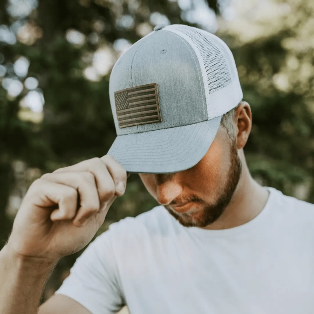 American Flag Hat | Leather Patch Trucker Hat