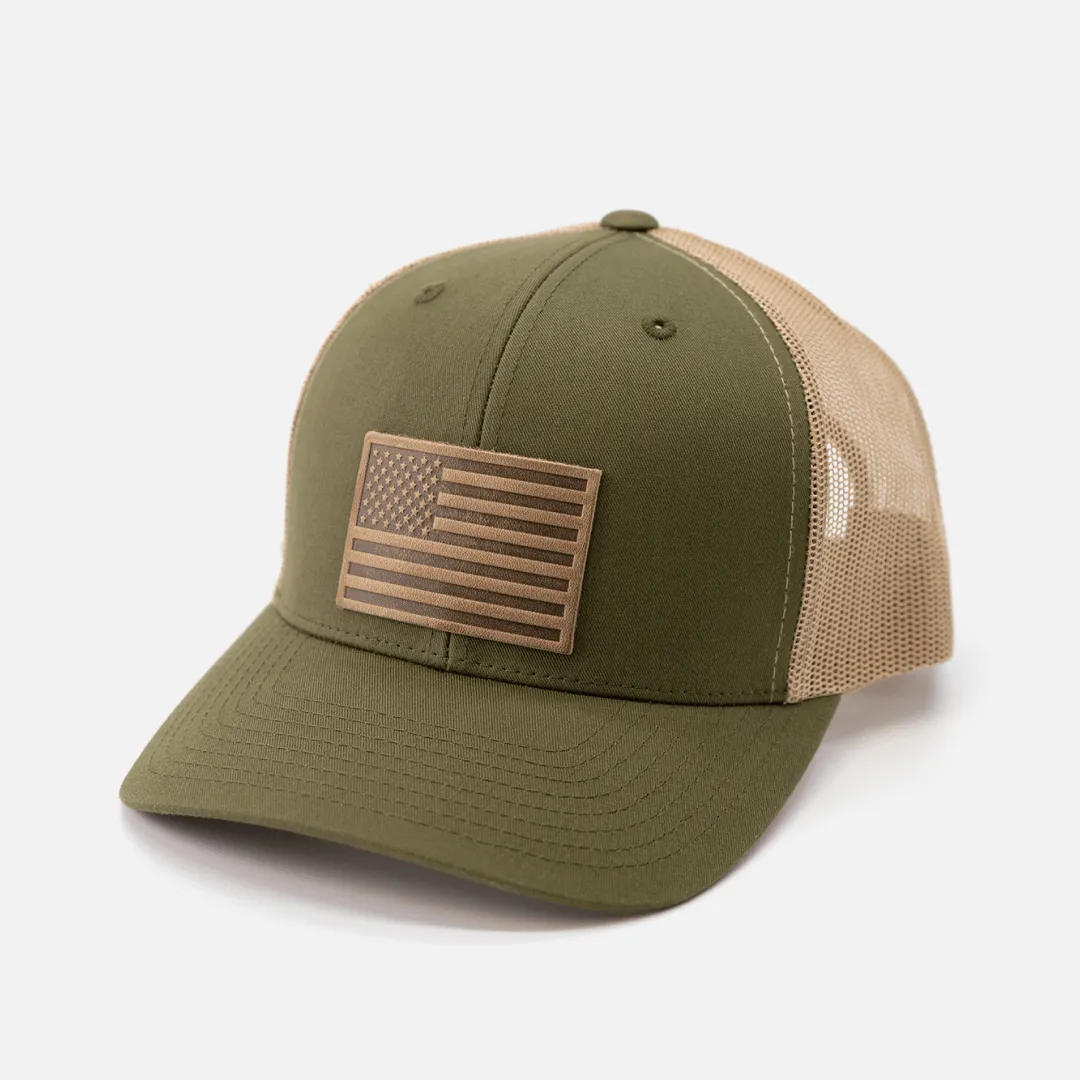 American Flag Hat | Leather Patch Trucker Hat
