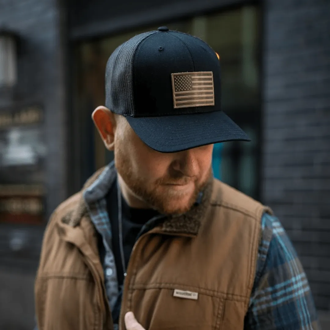 American Flag Hat | Leather Patch Trucker Hat