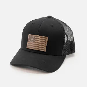 American Flag Hat | Leather Patch Trucker Hat