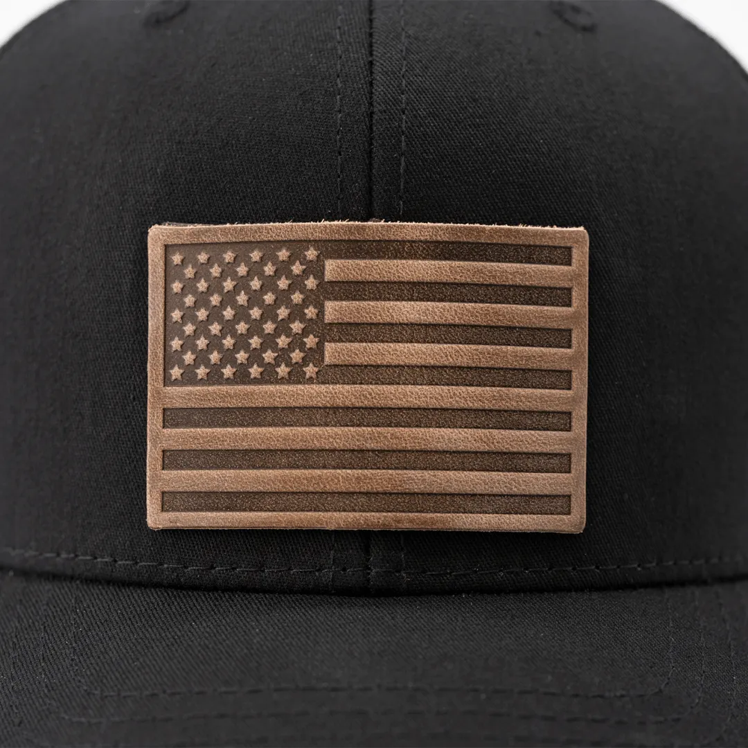 American Flag Hat | Leather Patch Trucker Hat