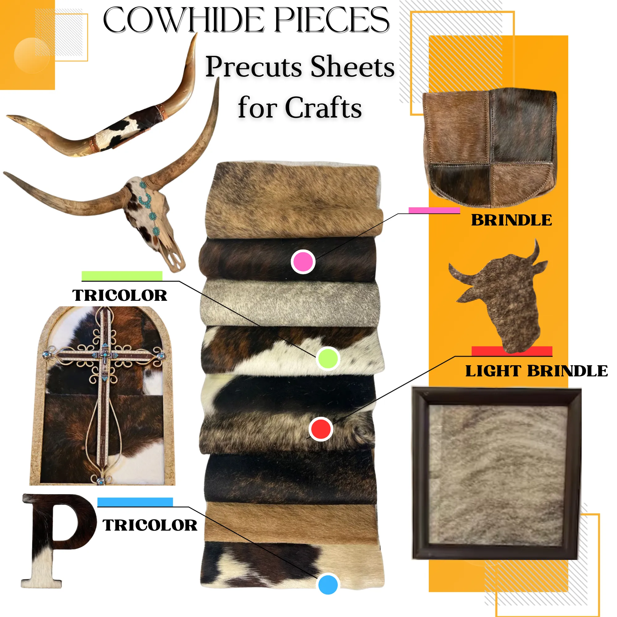 Assorted Hair-on Cowhide Pre Cut Pieces | 11"x9" & 12''x12'' inch Precuts Sheets for Crafts