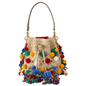Beige Embellished Raffia Charm Snakeskin Purse
