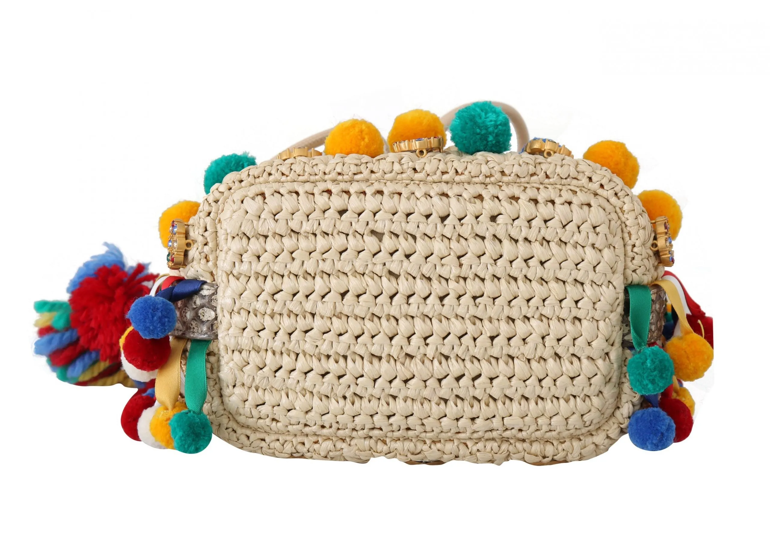 Beige Embellished Raffia Charm Snakeskin Purse