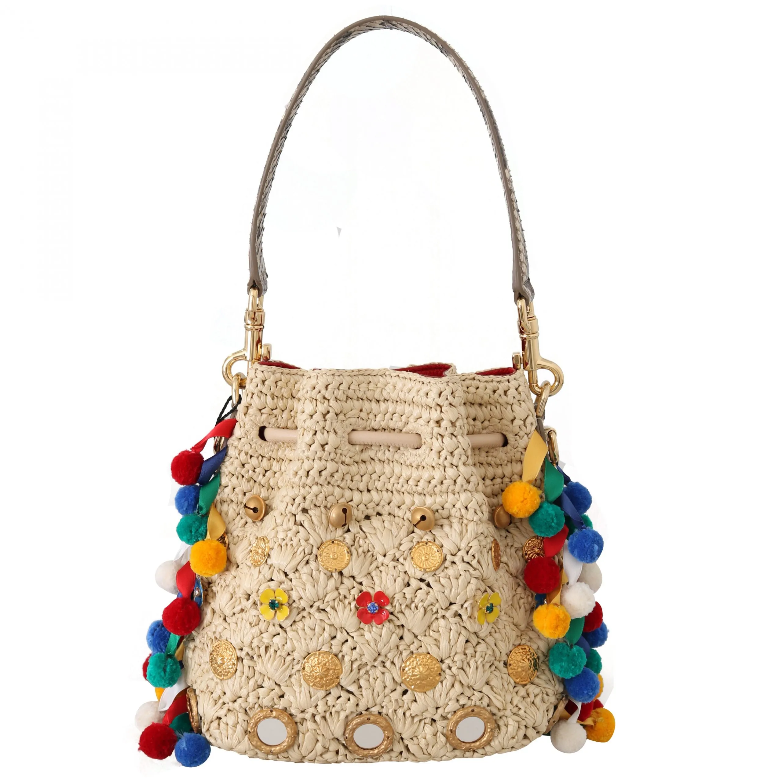 Beige Embellished Raffia Charm Snakeskin Purse