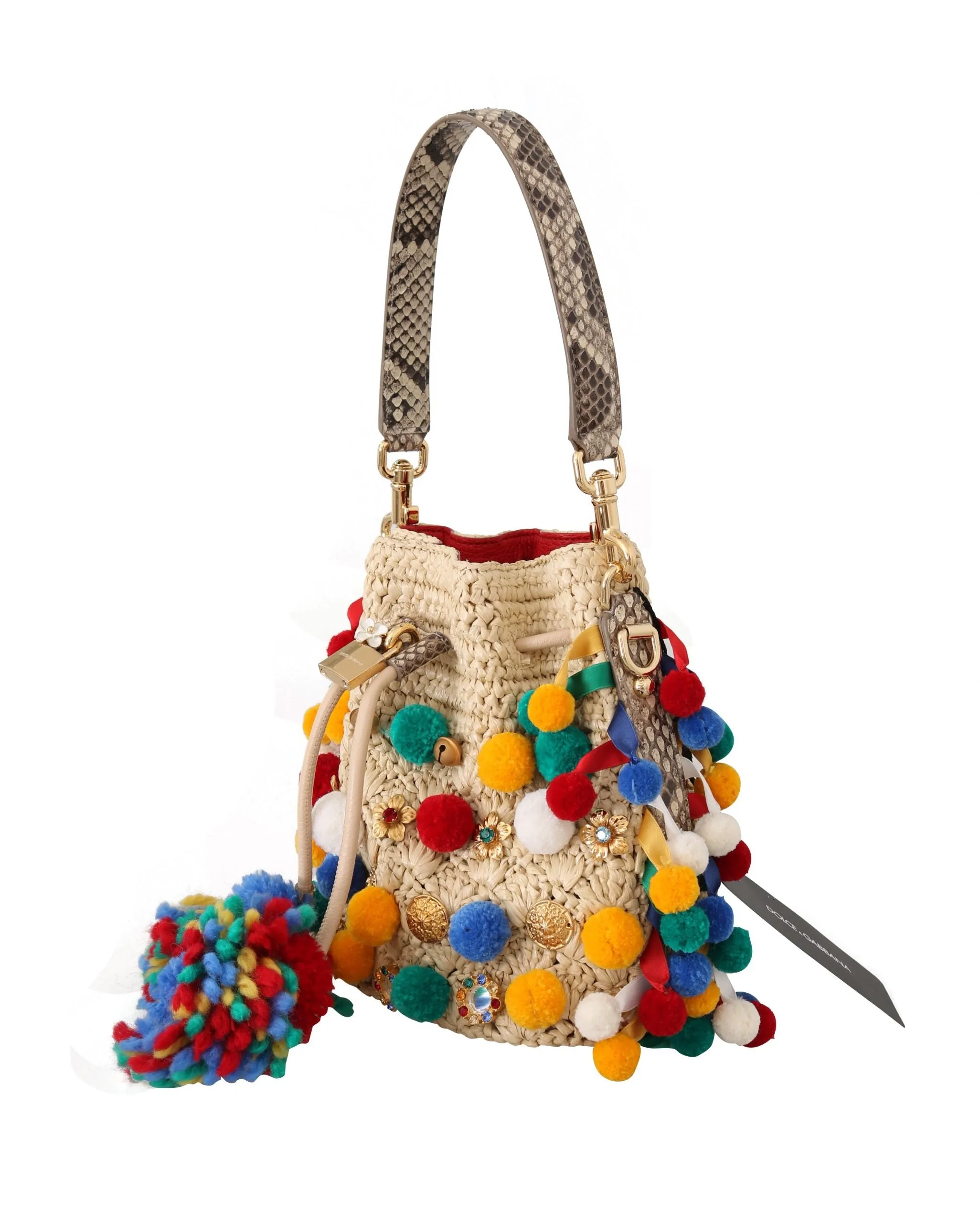 Beige Embellished Raffia Charm Snakeskin Purse