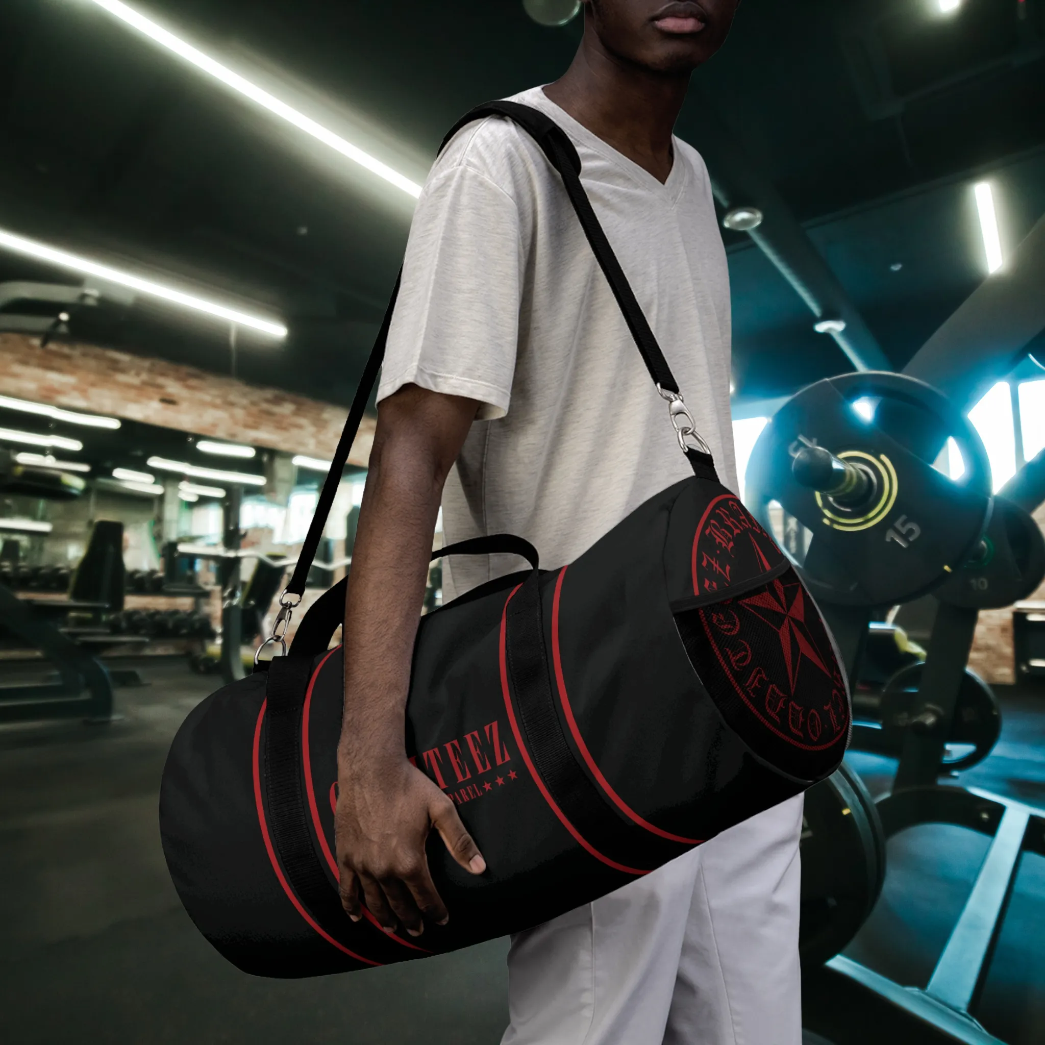 Black & Devil's Red Star logo design, Black Small & Large Gym Duffel Bags
