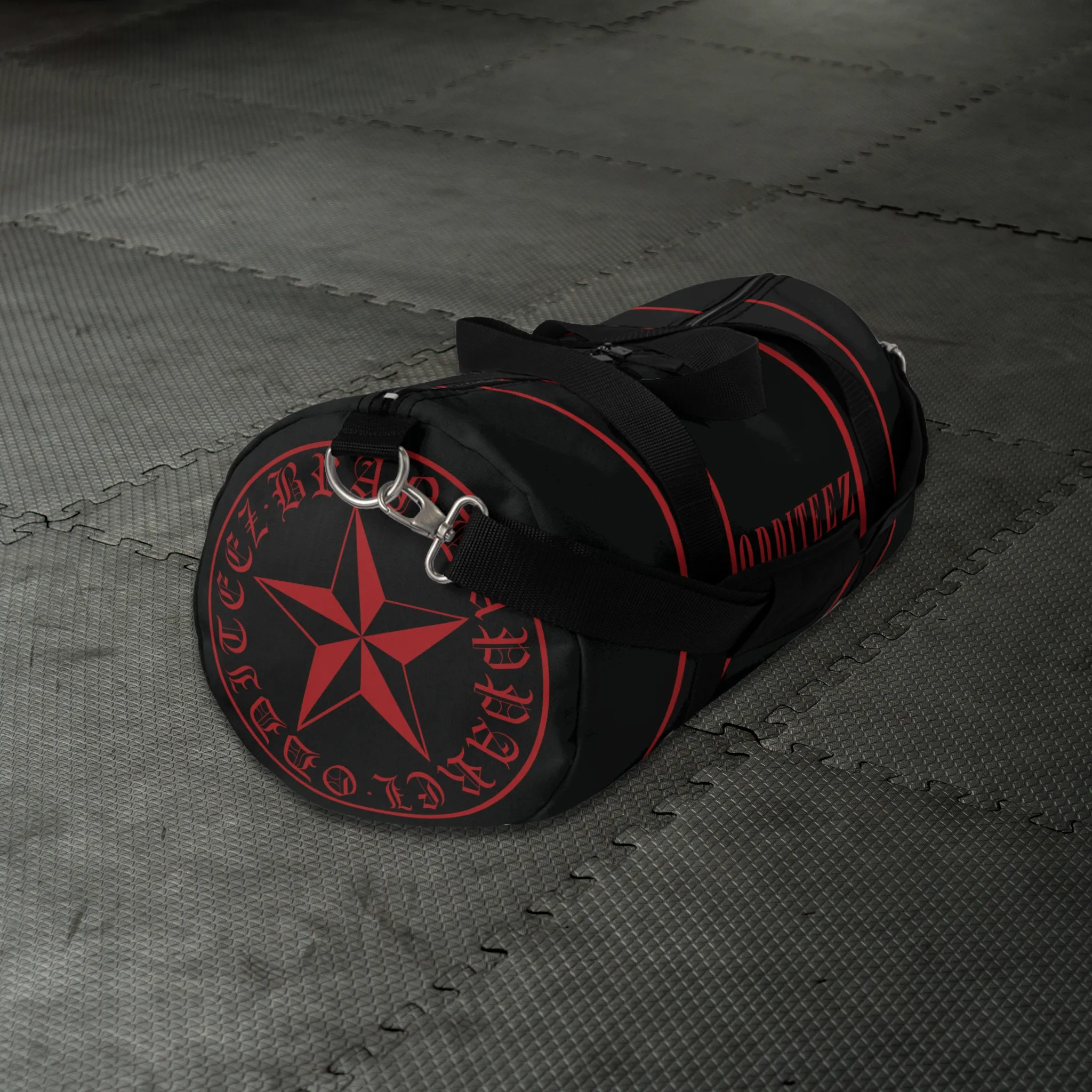 Black & Devil's Red Star logo design, Black Small & Large Gym Duffel Bags