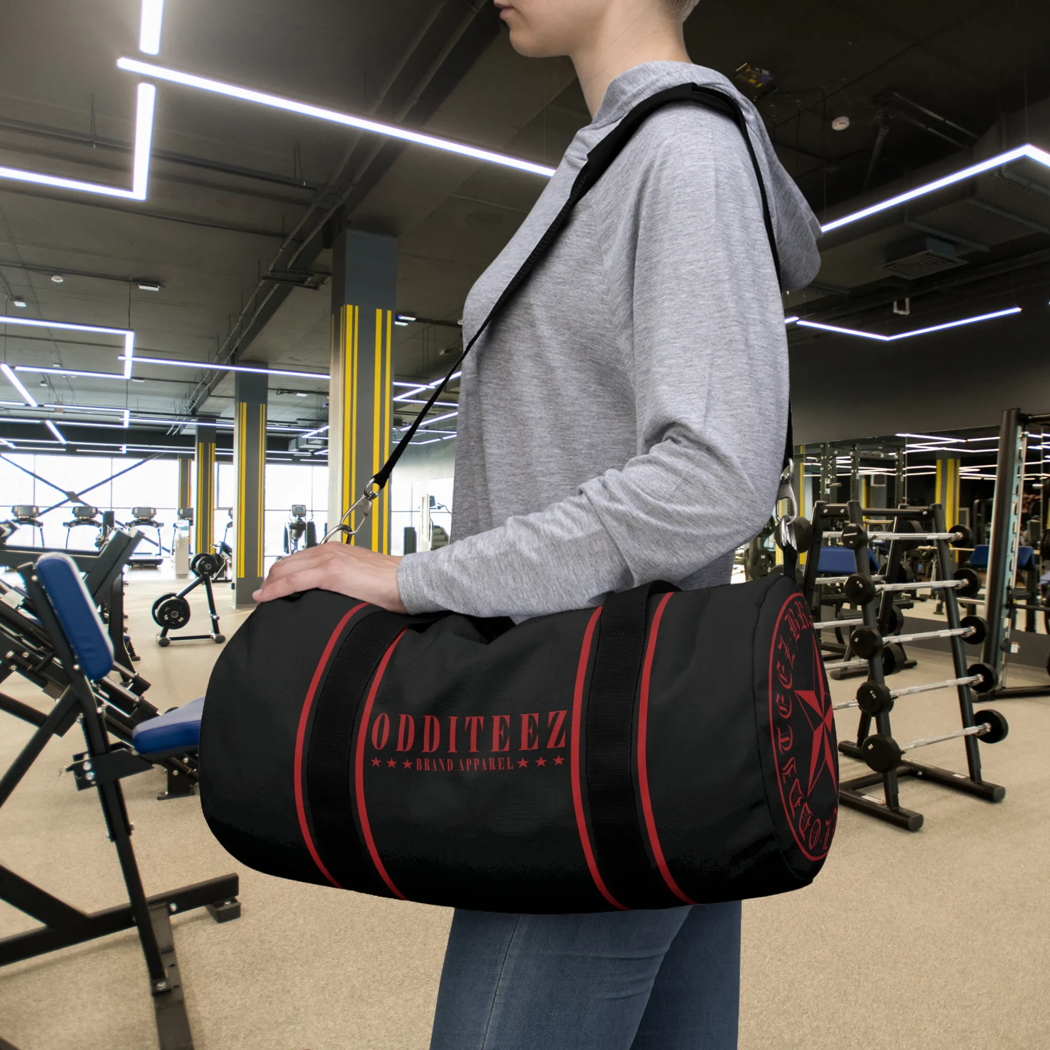 Black & Devil's Red Star logo design, Black Small & Large Gym Duffel Bags