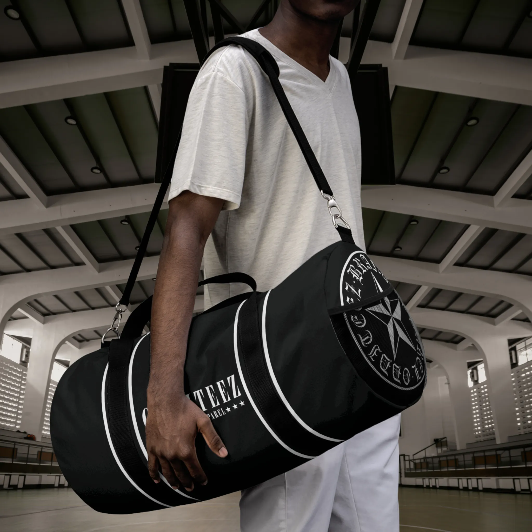 Black & White Star logo design, Black Small & Large Gym Duffel Bags