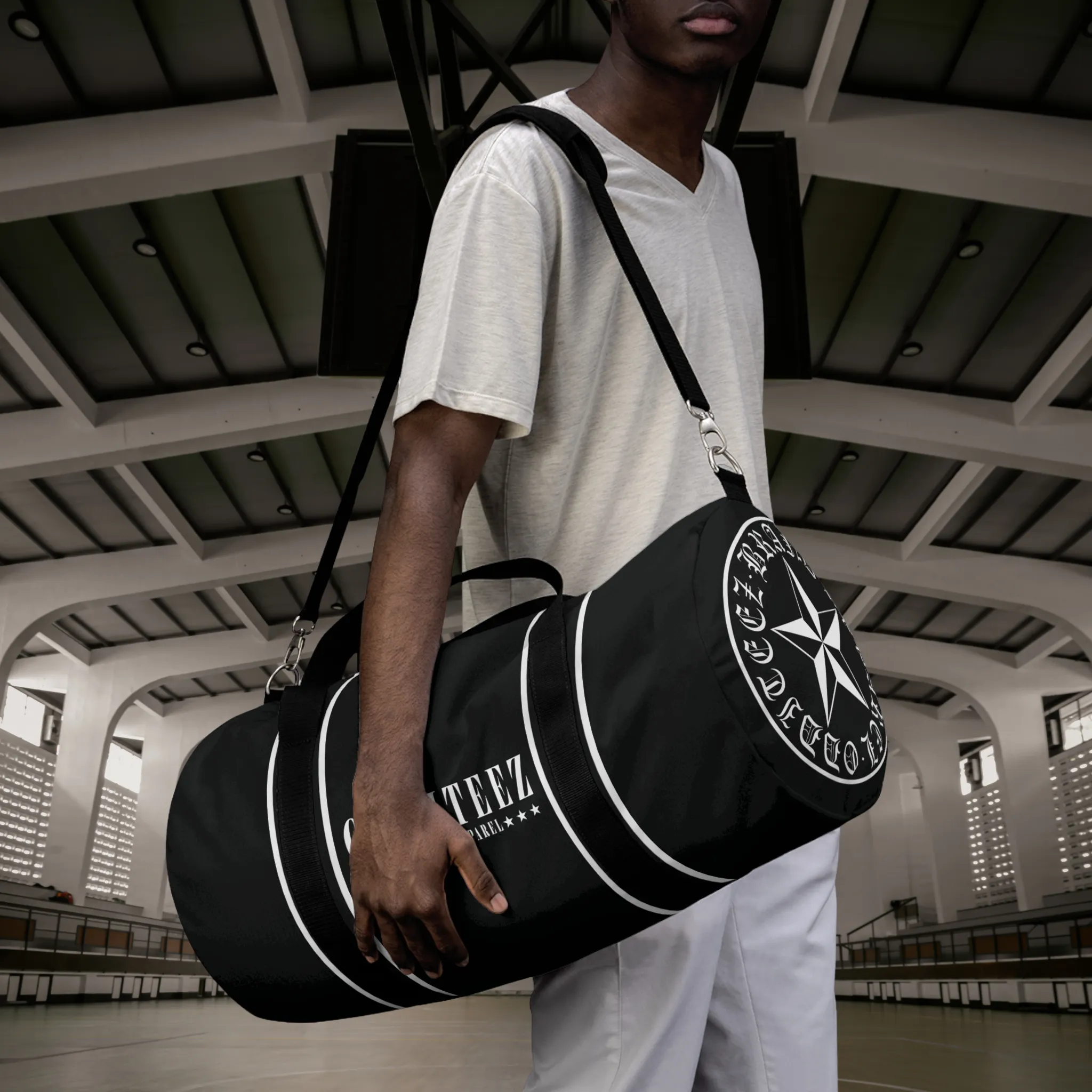 Black & White Star logo design, Black Small & Large Gym Duffel Bags