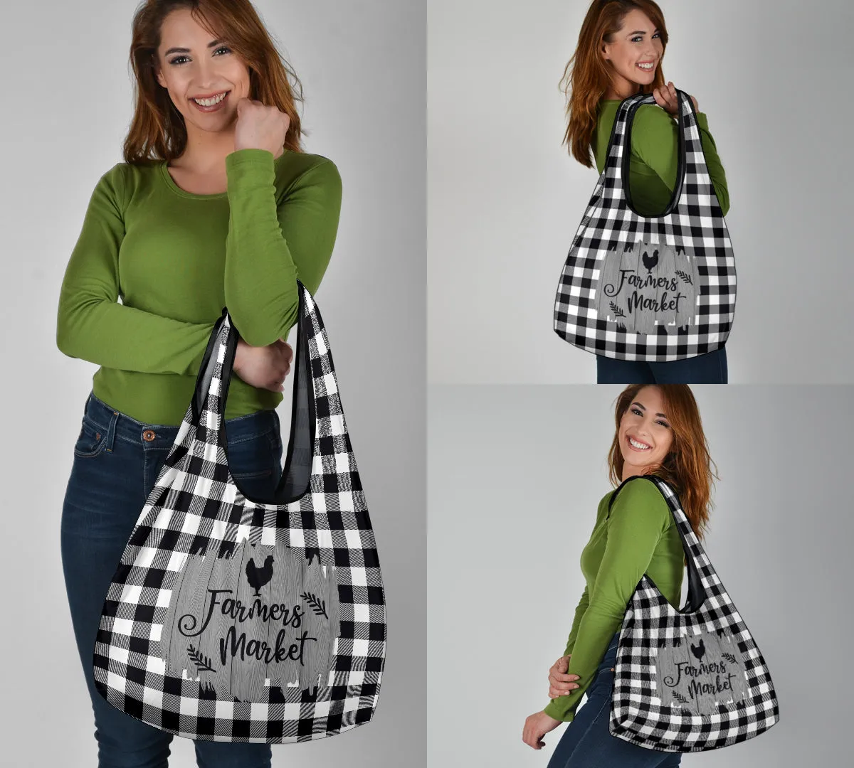 Black and White Buffalo Plaid Farmers Market Grocery Bags 3 Pack