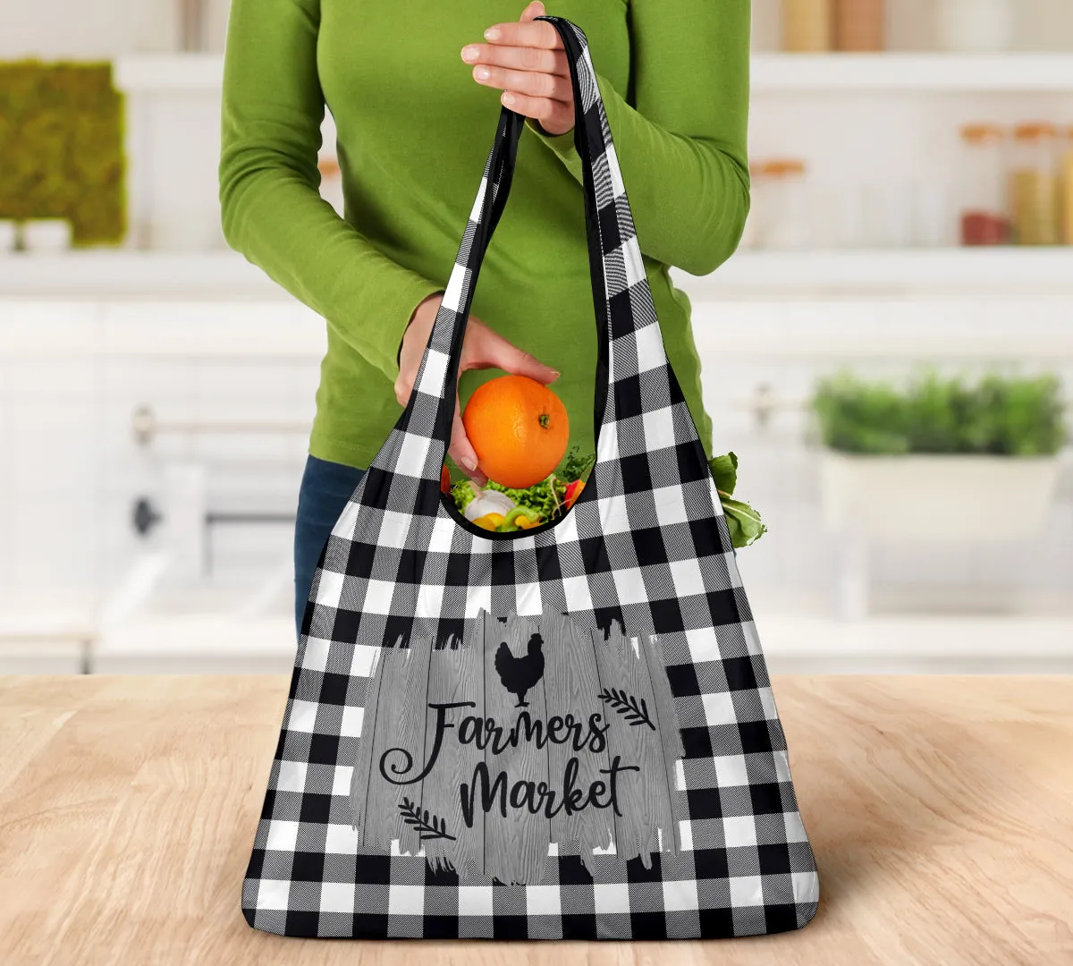 Black and White Buffalo Plaid Farmers Market Grocery Bags 3 Pack