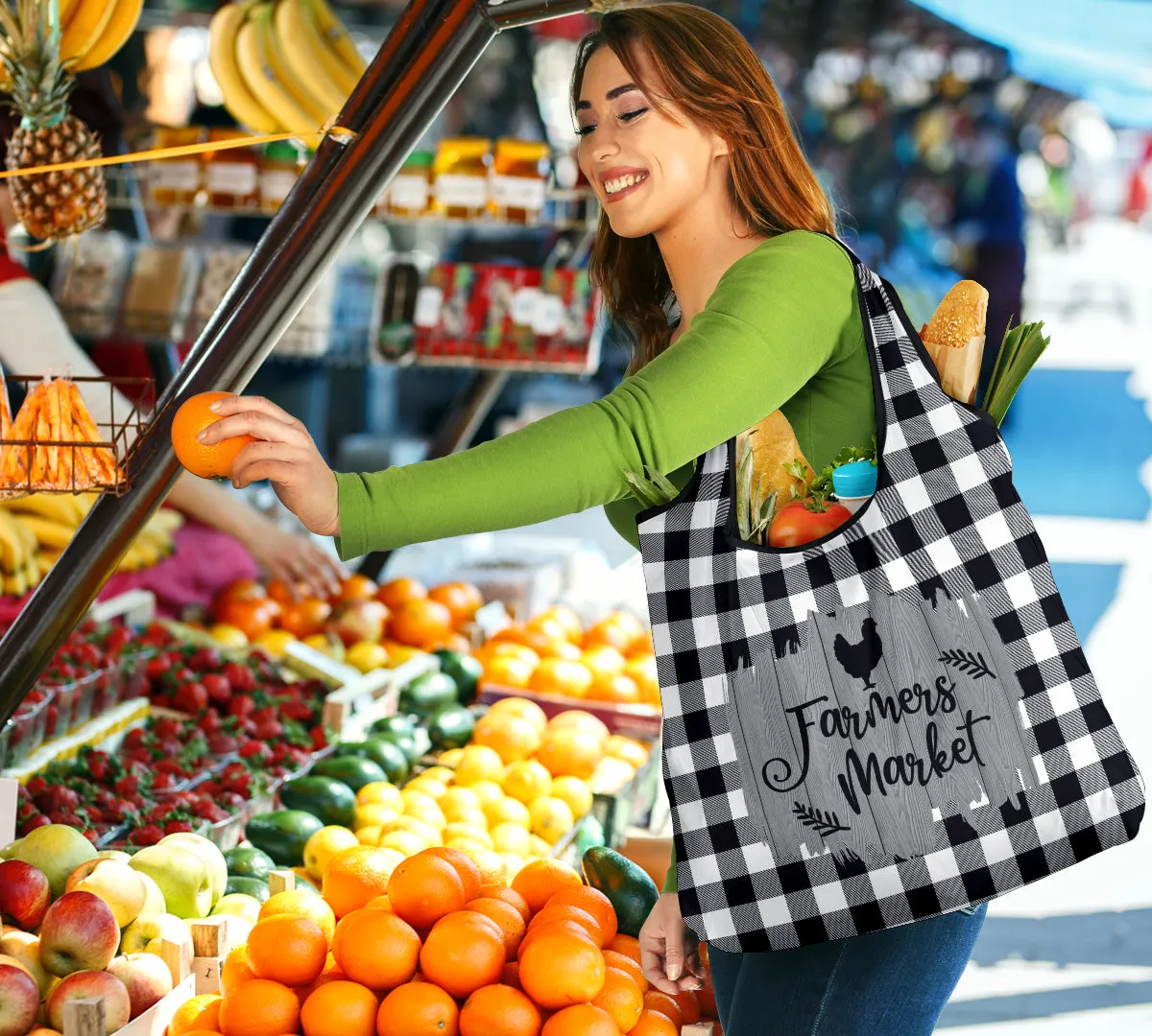 Black and White Buffalo Plaid Farmers Market Grocery Bags 3 Pack