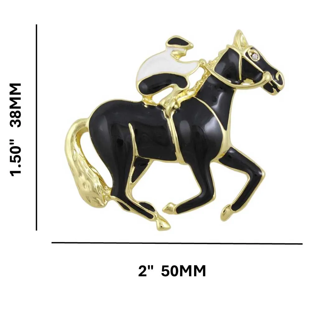 Black and White Enamel Jockey with Black Horse Brooch Pin - FP18DWT