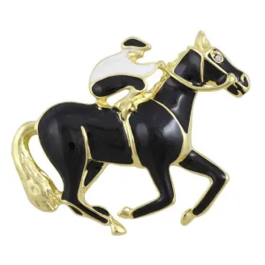 Black and White Enamel Jockey with Black Horse Brooch Pin - FP18DWT