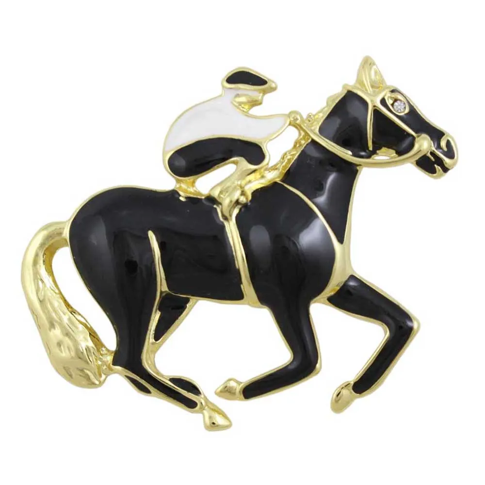 Black and White Enamel Jockey with Black Horse Brooch Pin - FP18DWT