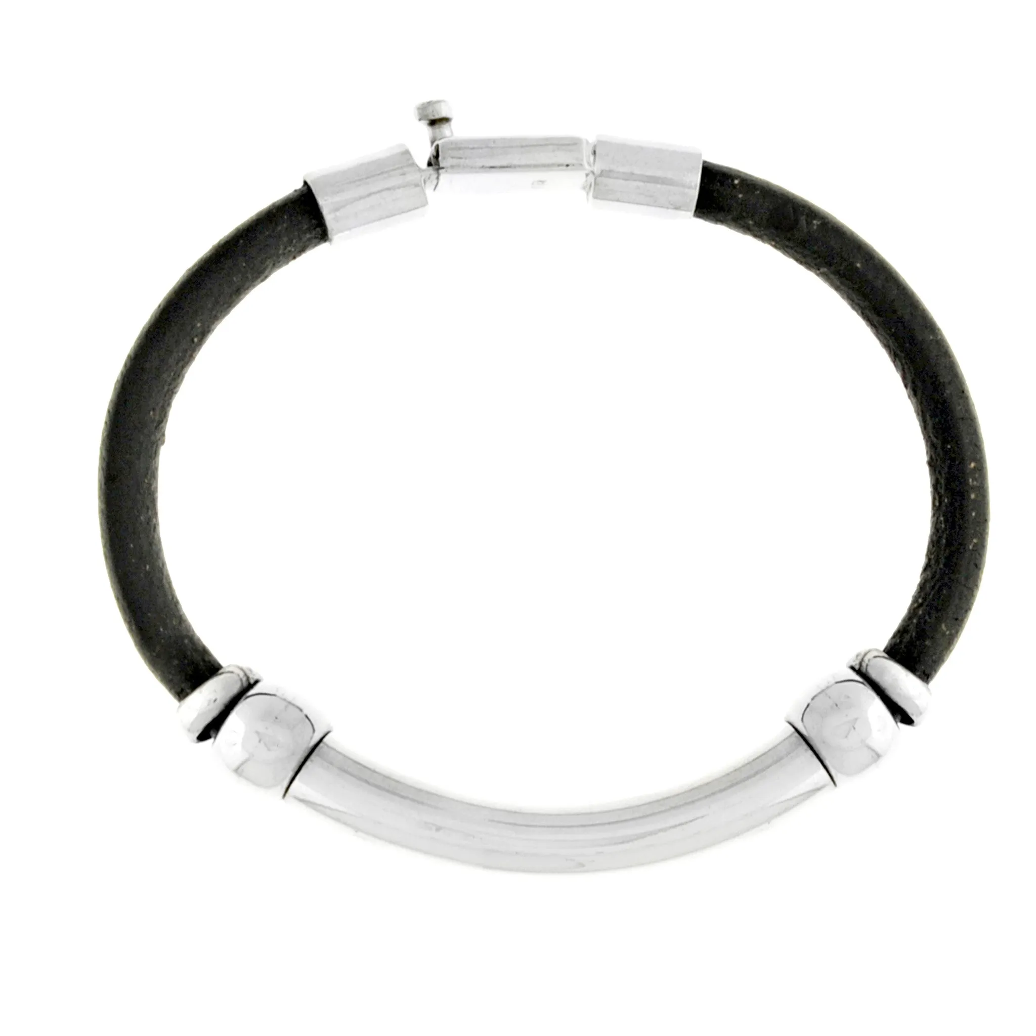 Black Leather - Sterling Silver Men's Bracelet