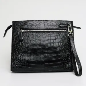 Black Stylish Large Crocodile Clutch Wallet: Envelope Flap Briefcase Purse Bag