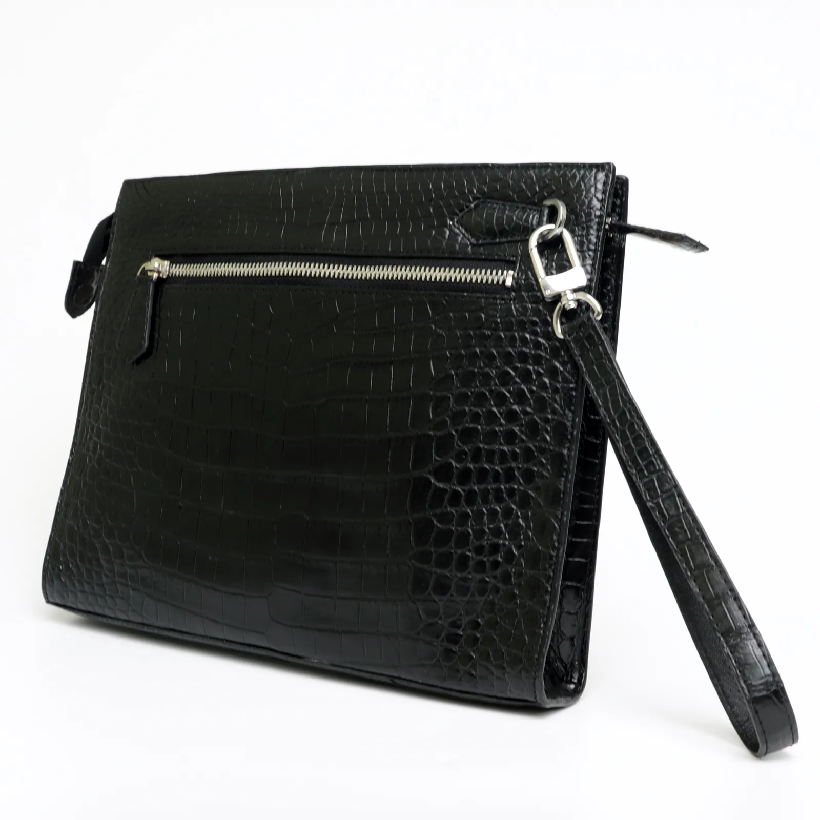 Black Stylish Large Crocodile Clutch Wallet: Envelope Flap Briefcase Purse Bag