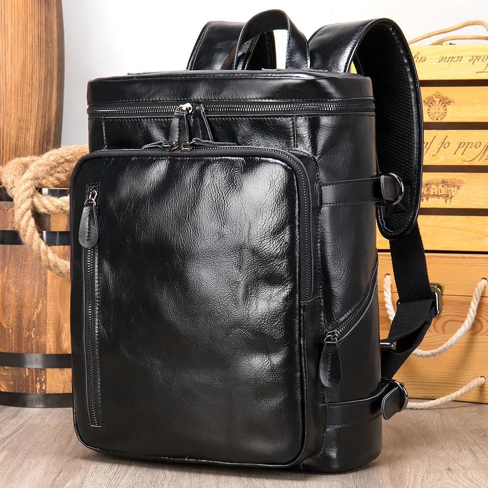 Black Vintage Crazy Horse Leather Laptop Backpack Daypack Travel Backpack Retro Fashion