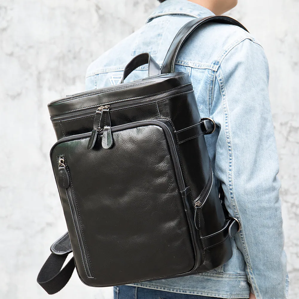 Black Vintage Crazy Horse Leather Laptop Backpack Daypack Travel Backpack Retro Fashion