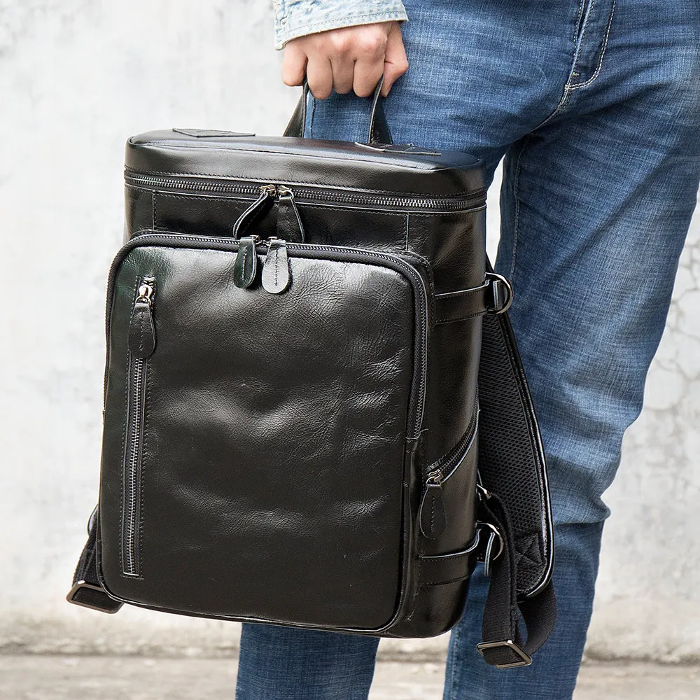Black Vintage Crazy Horse Leather Laptop Backpack Daypack Travel Backpack Retro Fashion