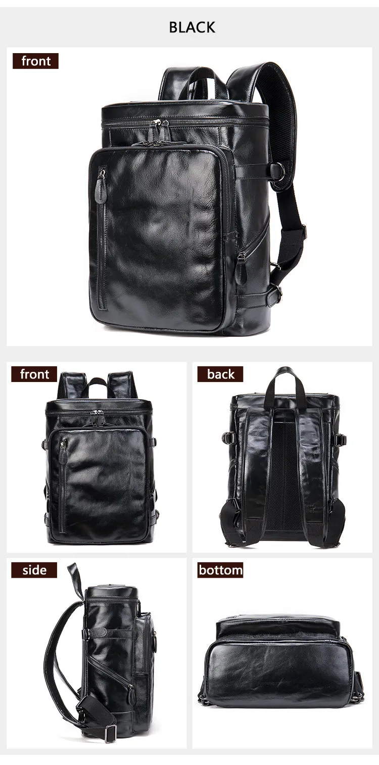 Black Vintage Crazy Horse Leather Laptop Backpack Daypack Travel Backpack Retro Fashion