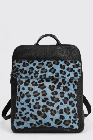 Blue Animal Print Leather Flap Pocket Backpack