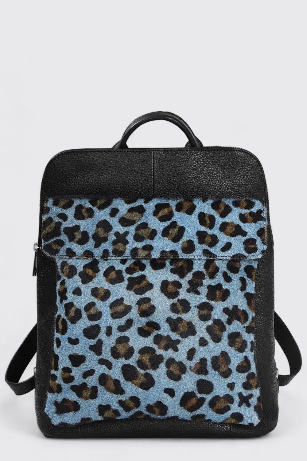 Blue Animal Print Leather Flap Pocket Backpack
