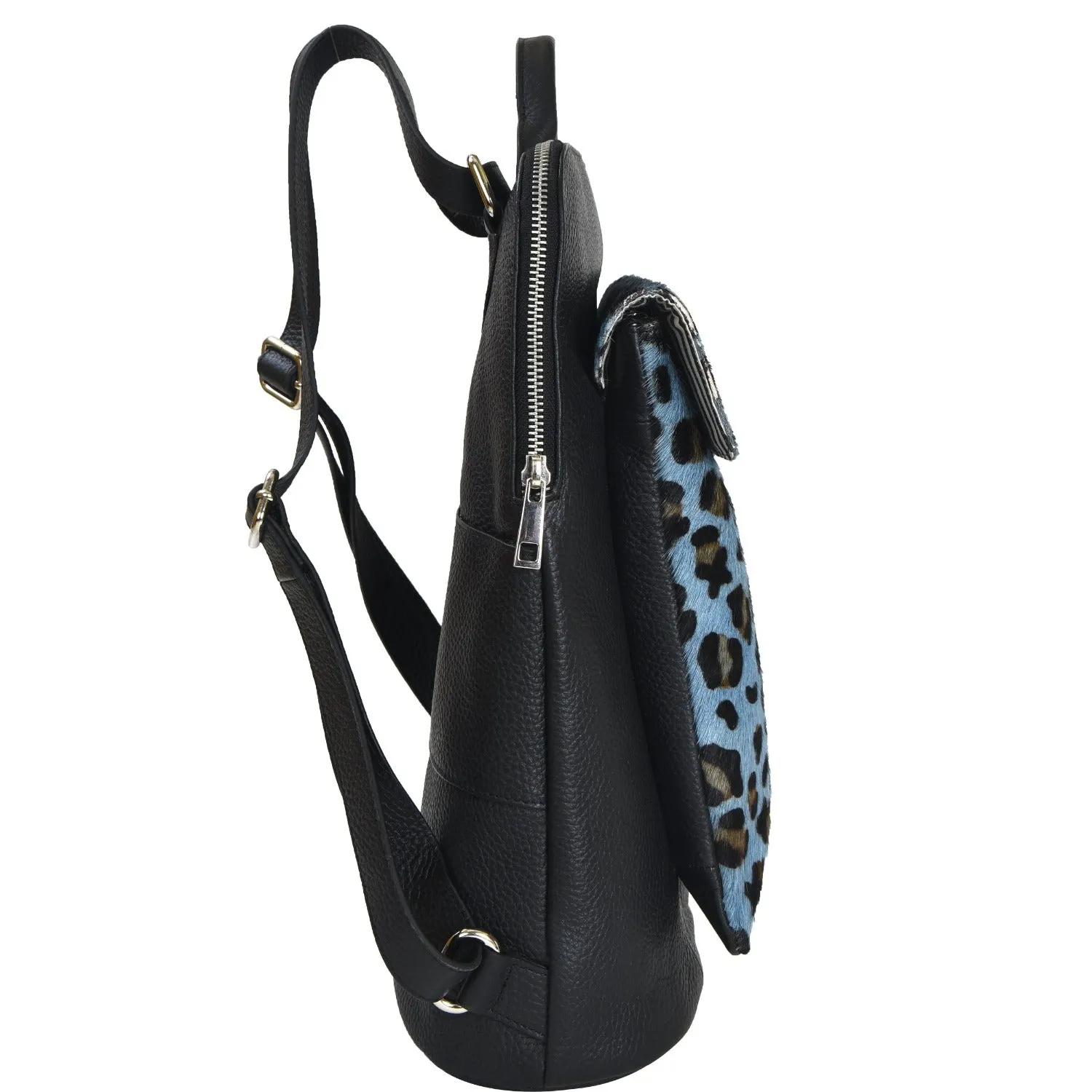Blue Animal Print Leather Flap Pocket Backpack