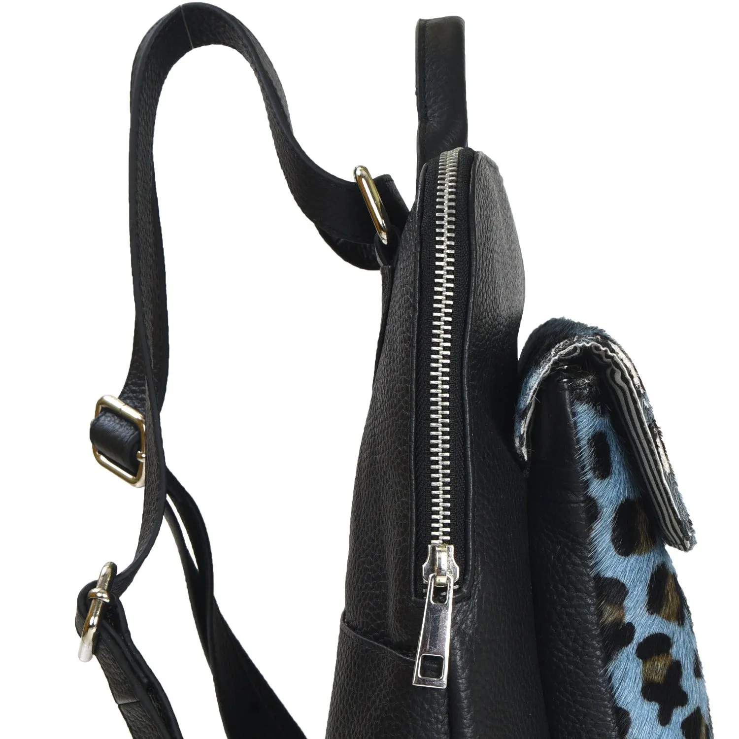 Blue Animal Print Leather Flap Pocket Backpack