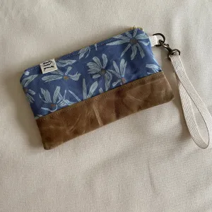Blue Daisy Waxed Canvas Wristlet