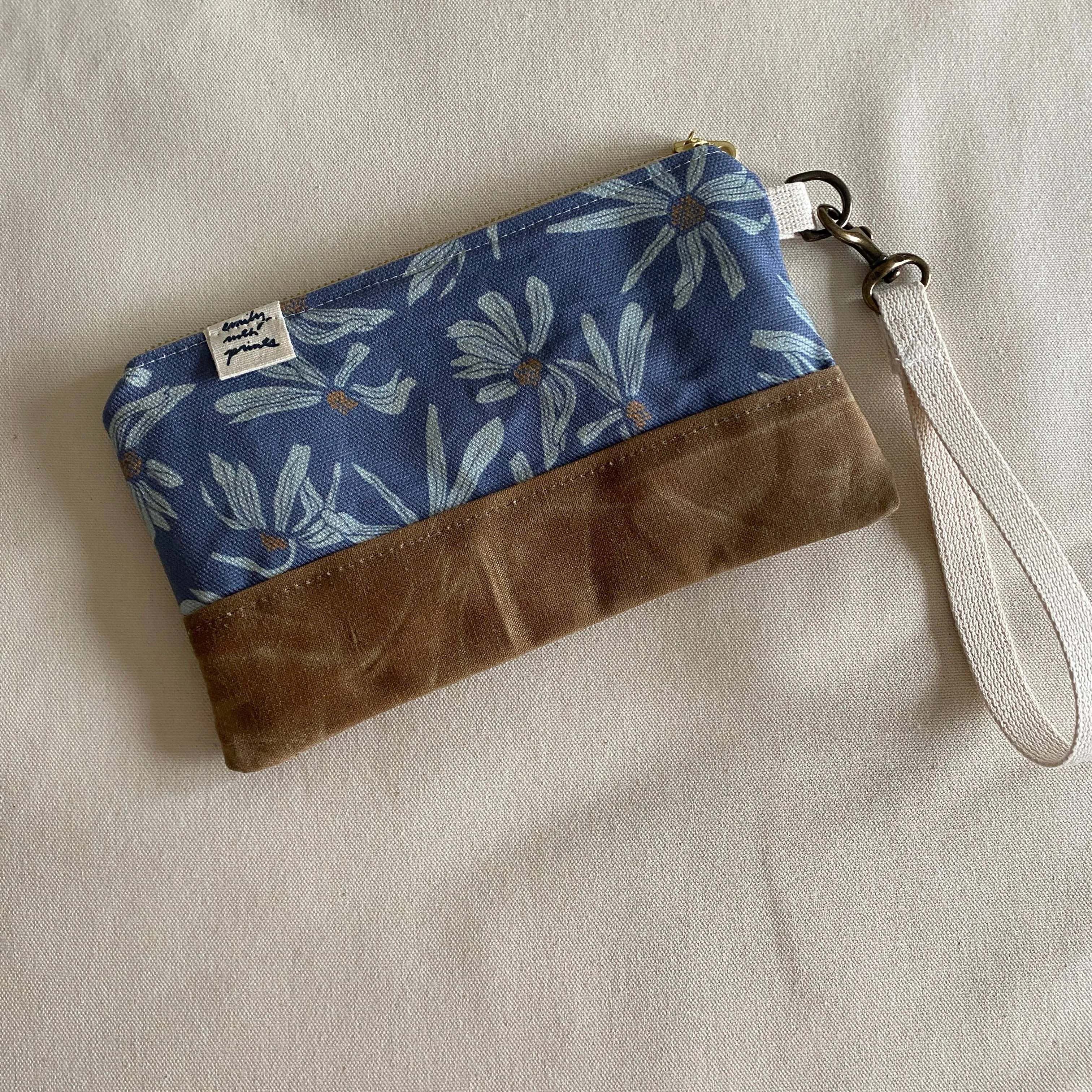 Blue Daisy Waxed Canvas Wristlet