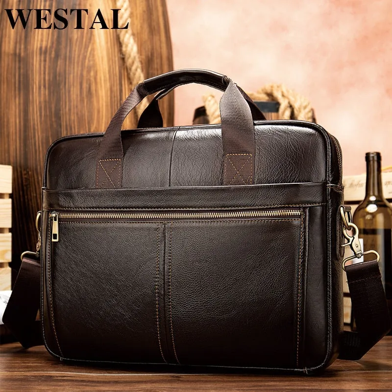 Briefcase messenger bag men's genuine leather 14'' laptop bag men's briefcases office business tote for document 8572