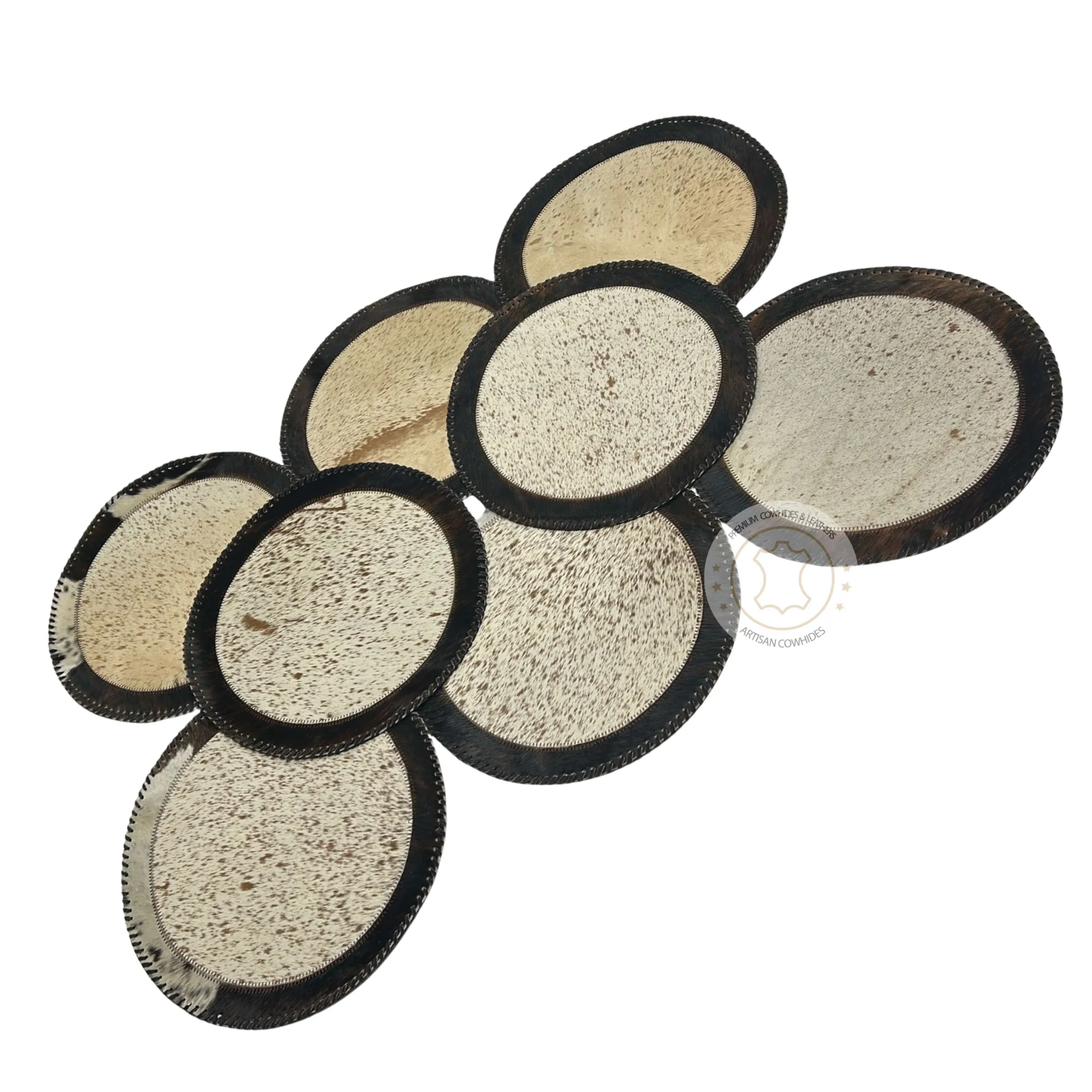 Brown & white Speckled Cowhide Placemats - 16 inches diameter - Set of two, four, six or 8 mats