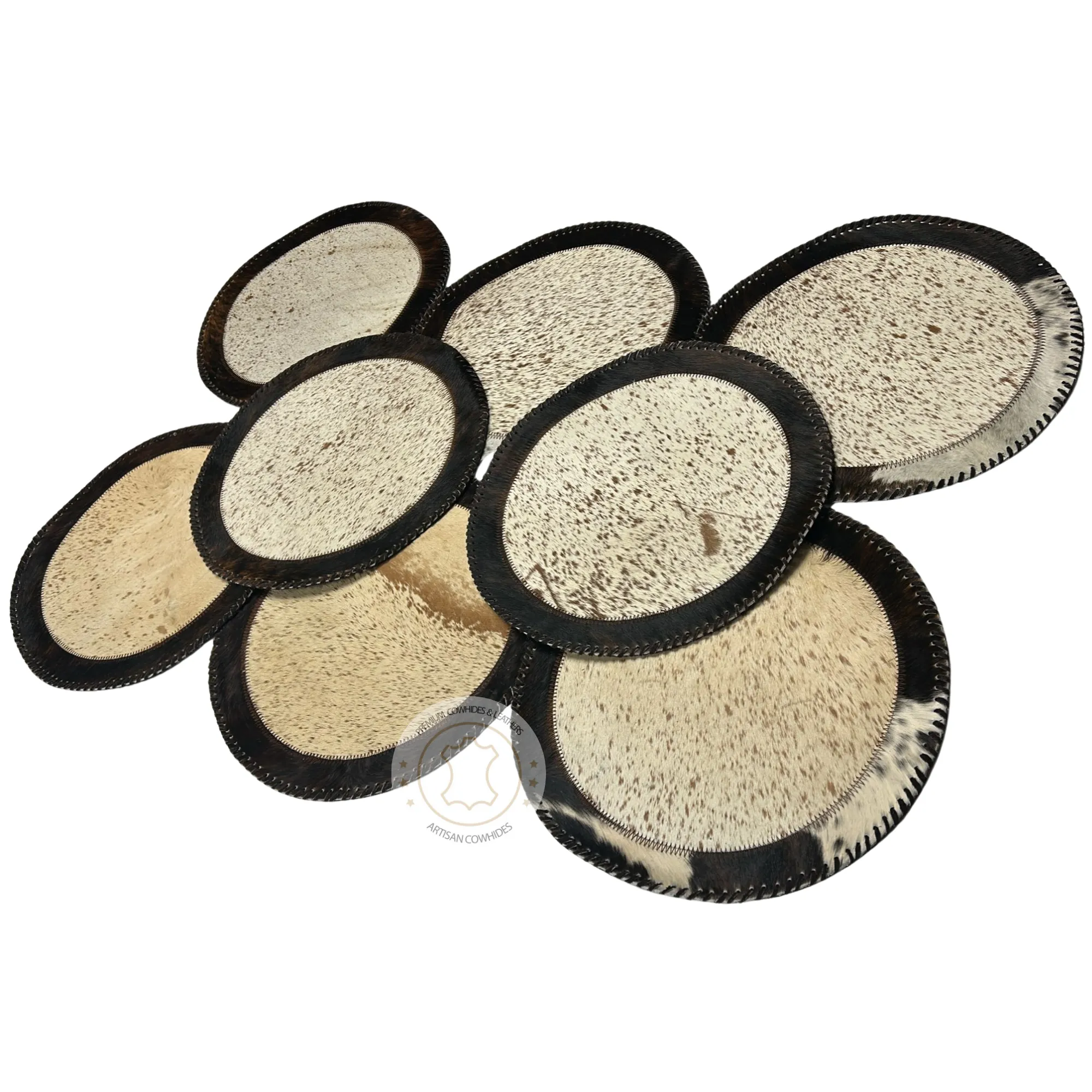 Brown & white Speckled Cowhide Placemats - 16 inches diameter - Set of two, four, six or 8 mats