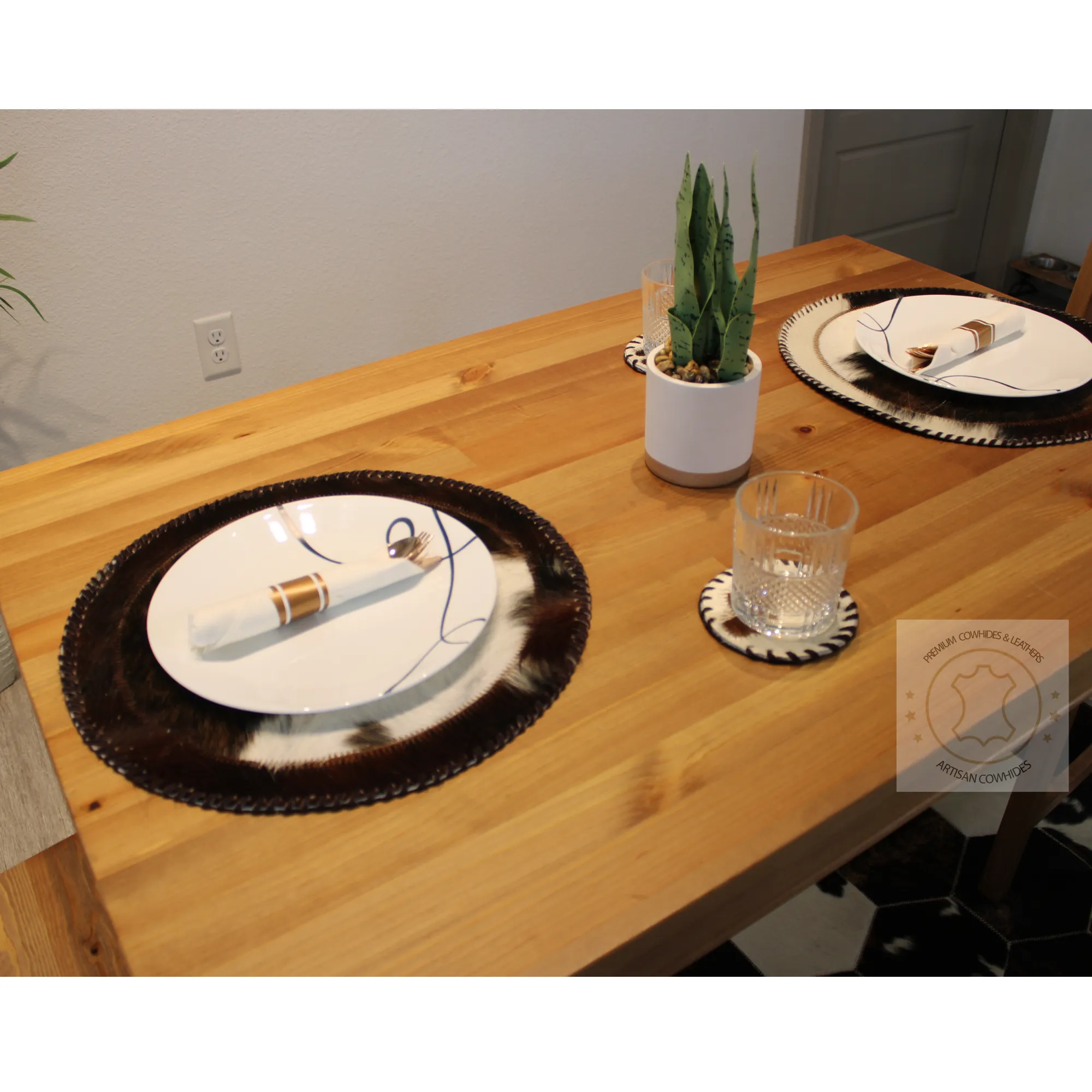 Brown & white Speckled Cowhide Placemats - 16 inches diameter - Set of two, four, six or 8 mats