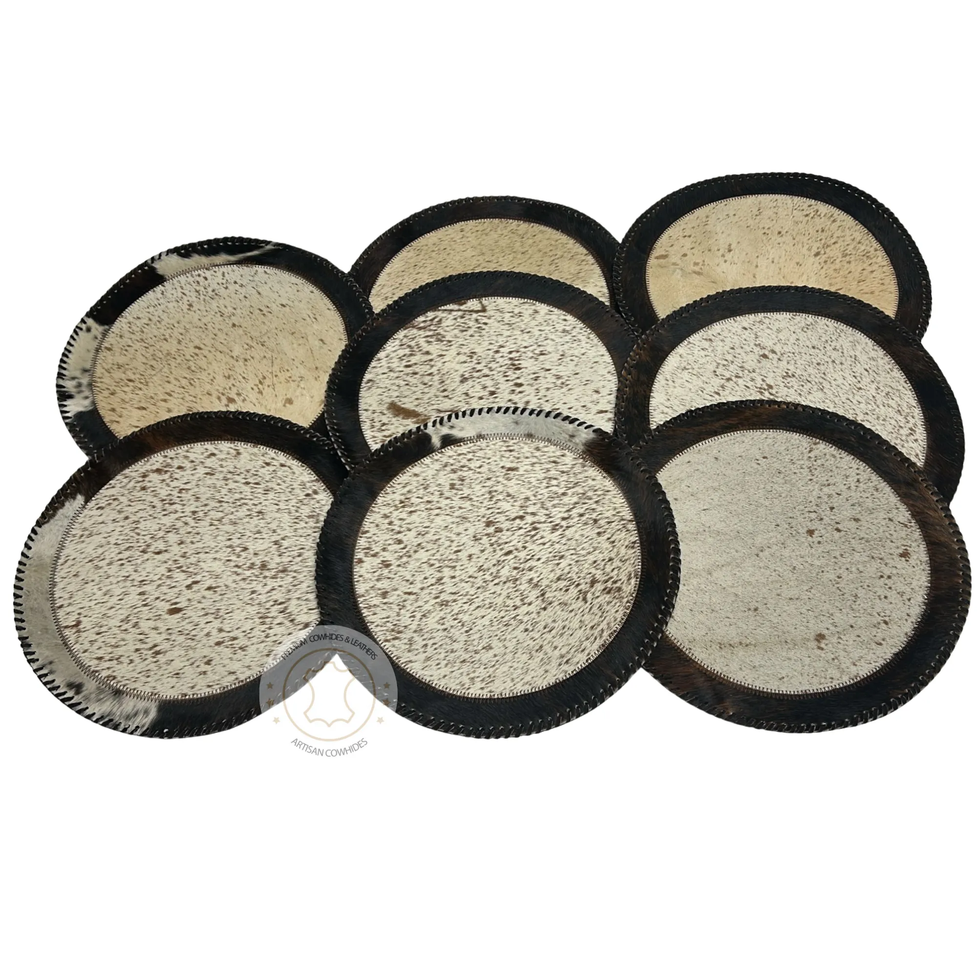 Brown & white Speckled Cowhide Placemats - 16 inches diameter - Set of two, four, six or 8 mats