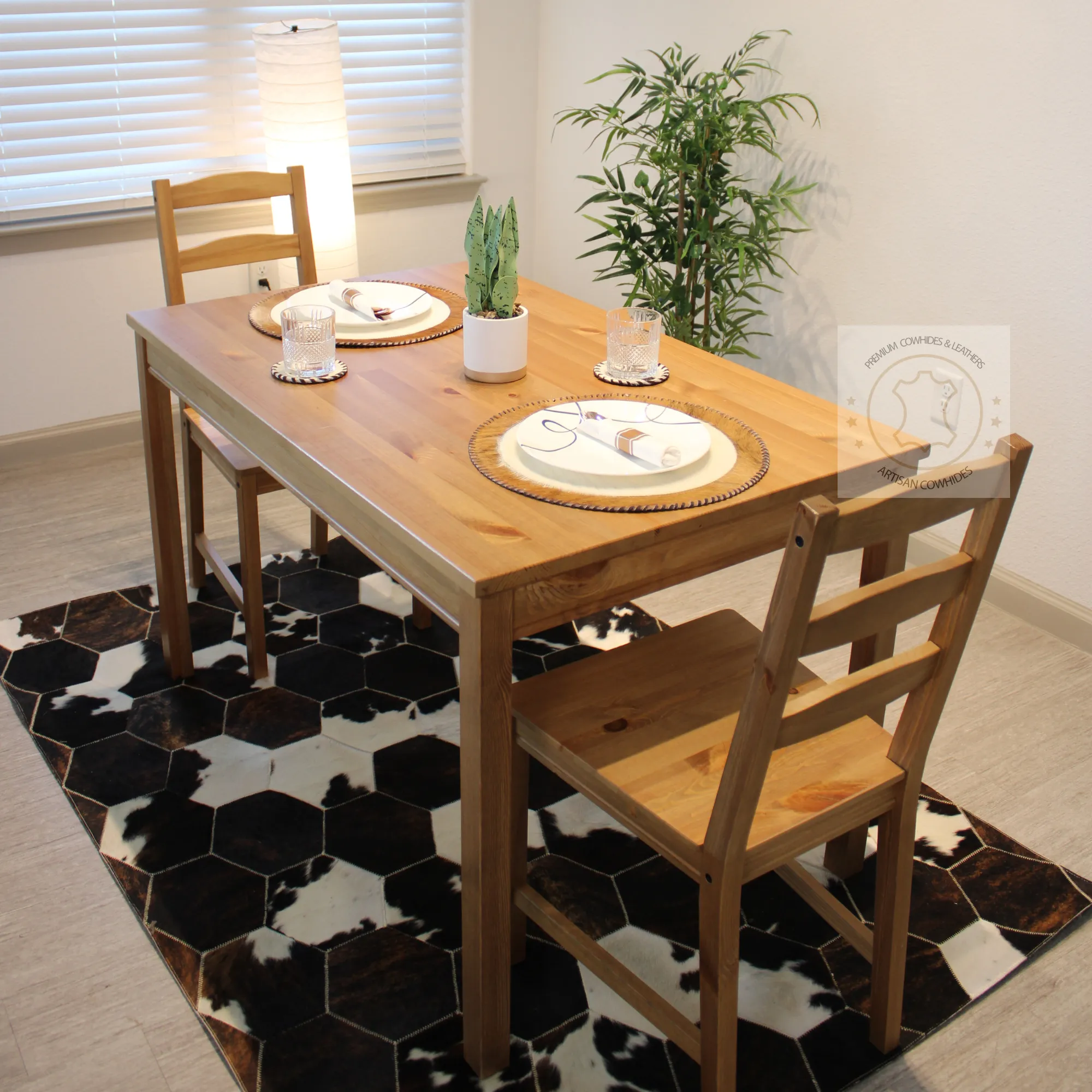 Brown & white Speckled Cowhide Placemats - 16 inches diameter - Set of two, four, six or 8 mats