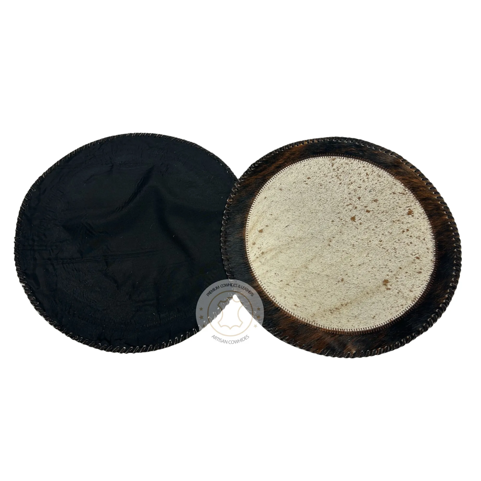 Brown & white Speckled Cowhide Placemats - 16 inches diameter - Set of two, four, six or 8 mats