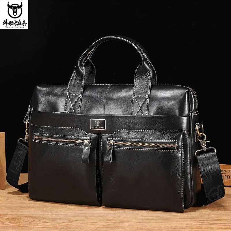 BULLCAPTAIN Men's Leather Briefcase Can Be Used For 15.5-Inch Notebook Large-Capacity Work Bags Business Shoulder Messenger Bag