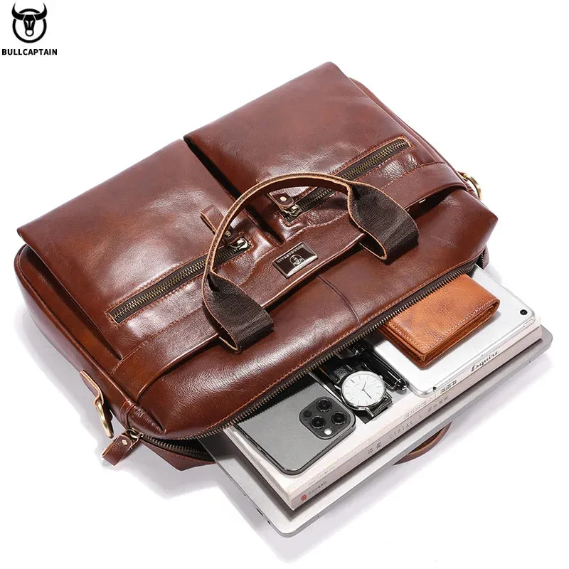 BULLCAPTAIN Men's Leather Briefcase Can Be Used For 15.5-Inch Notebook Large-Capacity Work Bags Business Shoulder Messenger Bag