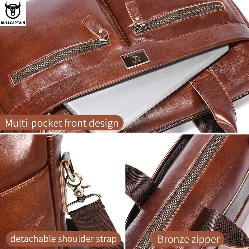 BULLCAPTAIN Men's Leather Briefcase Can Be Used For 15.5-Inch Notebook Large-Capacity Work Bags Business Shoulder Messenger Bag
