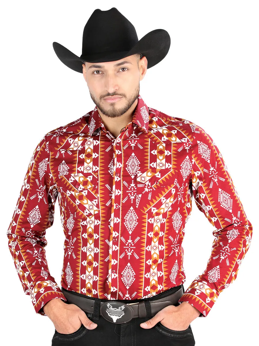 Camisa Vaquera Manga Larga Estampada Burgandy para Hombre 'El Señor de los Cielos' - ID: 44503