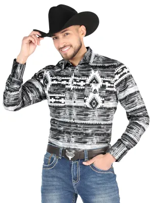 Camisa Vaquera Manga Larga Estampada Gris para Hombre 'El Señor de los Cielos' - ID: 44488