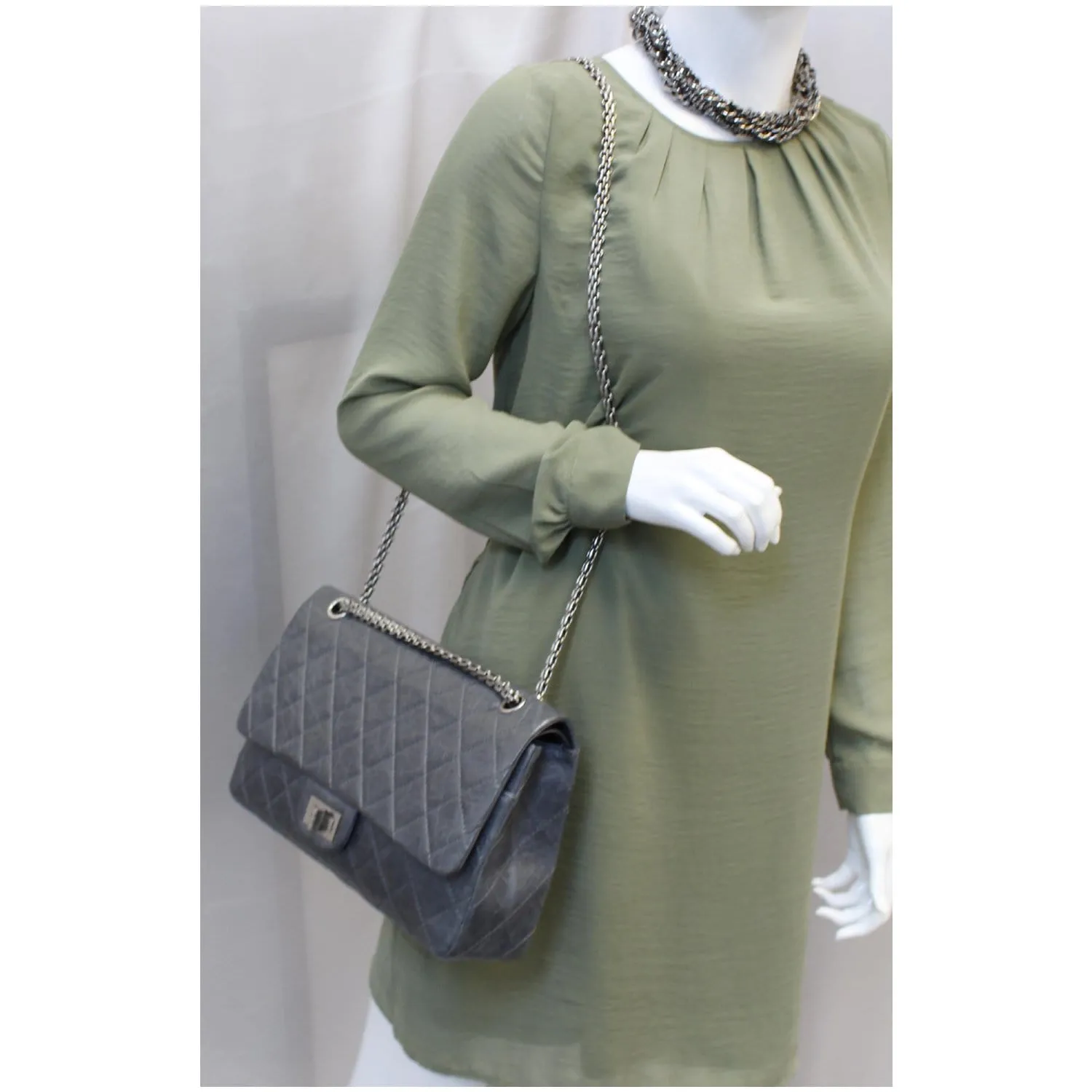 CHANEL 2.55 Reissue Mademoiselle Lock Calfskin Leather Shoulder Bag Grey